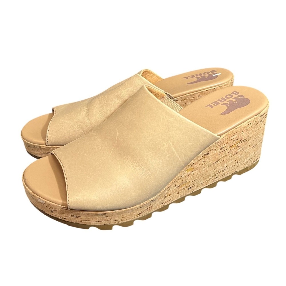 Sorel Cameron Flatform Wedge Sandals Womens 11 Tan Leather Cork NL4644-246